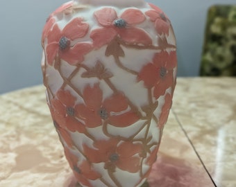 Vintage phoenix glass vase white frosted style glass with pink flowers and tan stems design textured