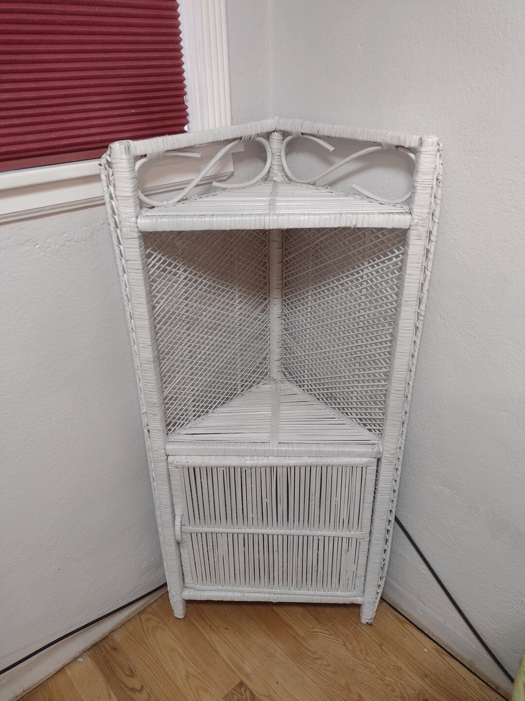 MCM White Wicker Corner Shelf With Door Bathroom Bedroom Etsy