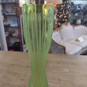MCM funky green glass hourglass style frosted textured stripe vase