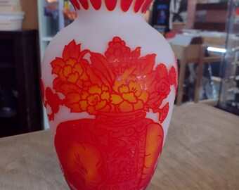 Charles Galle French glass vase with red and orange ombre elephant design with flowers