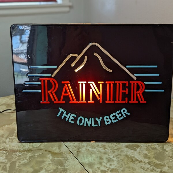 Vintage flat plastic Rainier The Only Beer sign *Does Not Light Up*  20.5"x15.5"x.5" embossed letters and design advertising