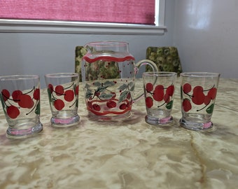 Ensemble de 5 verres à cerisier vintage Libbey et pichet à cerises assorti (fabricant inconnu) cerises rouges avec tiges vertes