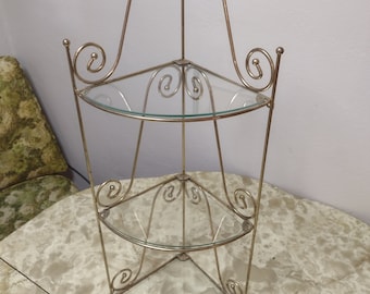 1980s gold metal and glass 3-tier corner shelf vanity bathroom glam storage display