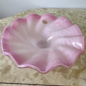 1950s Murano Glassware pink and white swirl ribbon style bowl with original Murano sticker made in Italy