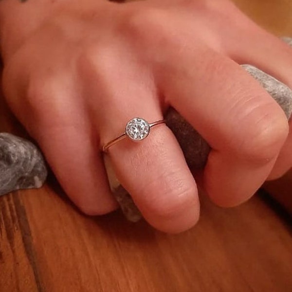 1 CT Round Bezel Engagement Ring, Moissanite Round Cut Engagement Ring, 14K Solid Gold Round Solitaire Ring, CZ Diamond Promise Ring