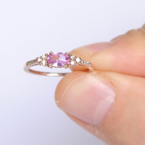 Natural Pink Sapphire Ring, Oval Pink Sapphire & Diamond Dainty Engagement Ring, 14k Solid Gold Pink Sapphire Ring, October Birthstone Ring
