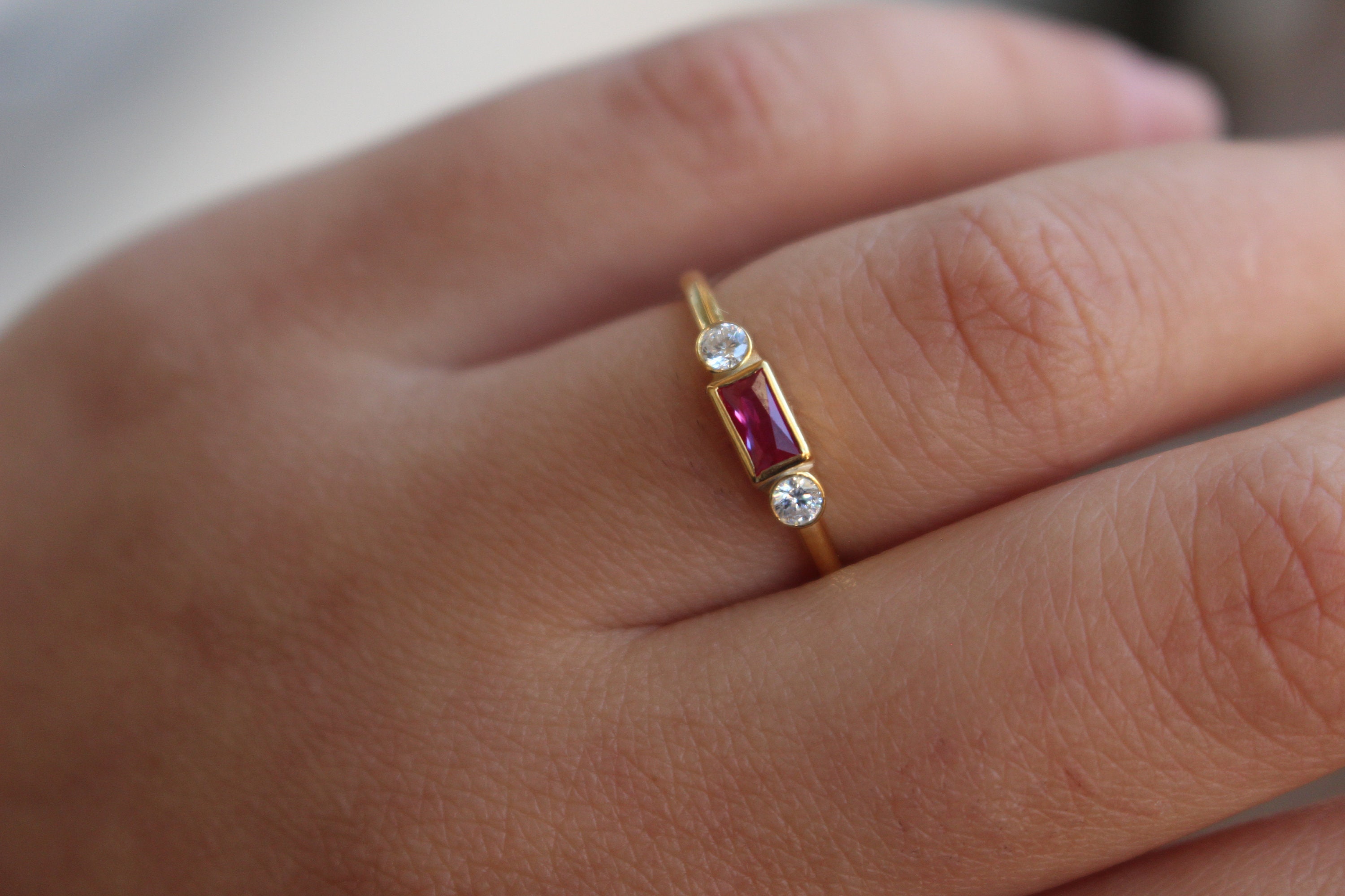 Ruby Ring, Baguette Ruby Ring, Ruby Stacking Ring, 14K Gold Minimalist Ruby Ring, July Birthstone, Promise Ring