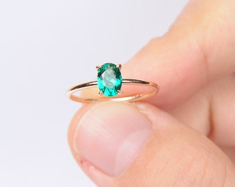 Oval Cut Emerald Ring, Custom Birthstone Ring, Birthstone Stacking Ring, May Birthstone Ring, 14K Solid Gold&Zirconia Emerald Handmade Ring