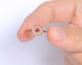 14k Solid Gold Natural Ruby Ring, 14K Gold Tiny Ruby Ring, July Birthstone Ring, Stacking Birthstone Ring, Unique Design Ruby Ring