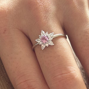 14k Gold Flower Engagement Ring, Pink Sapphire Flower Ring, Flower Diamond Cluster Ring, Dainty Diamond Flower Ring, Flower Design Ring