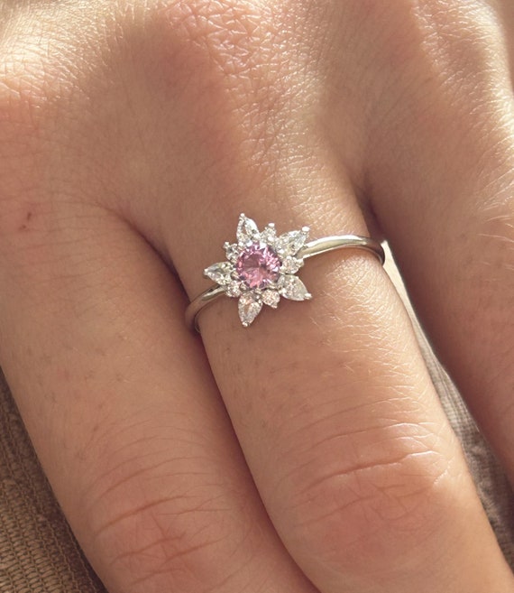 14k Gold Flower Engagement Ring, Pink Sapphire Flower Ring, Flower Diamond  Cluster Ring, Dainty Diamond Flower Ring, Flower Design Ring