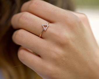 Triangle Ring, 14K Gold Triangle Ring, CZ Stone Ring, Silver Engagement Ring, Geometric Ring, Hollow Triangle Ring, Stacking Ring, Tiny Ring