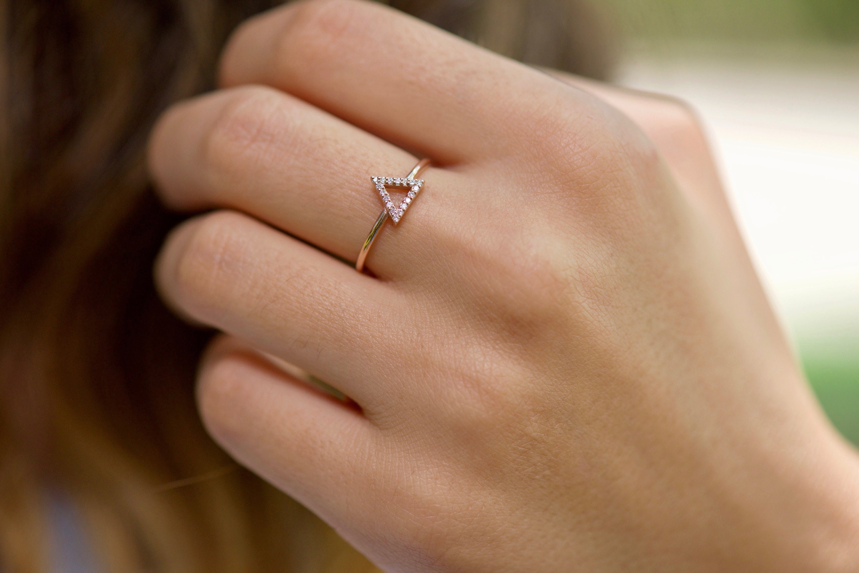 Triangle Ring 14K Gold Triangle Ring CZ Stone Ring Silver Etsy