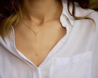 Dainty CZ Lariat Necklace, Delicate Lariat Necklace, Long Lariat Necklace, Silver Lariat Necklace, Gold Y Necklace, Dainty Gift for Her