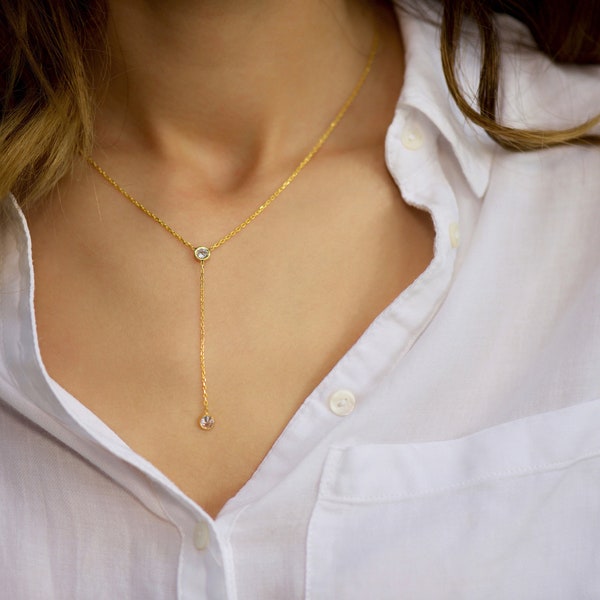 Dainty CZ Lariat Necklace, Delicate Lariat Necklace, Long Lariat Necklace, Silver Lariat Necklace, Gold Y Necklace, Dainty Gift for Her