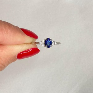14k Solid Gold Natural Sapphire Ring, Dainty Oval Cut Sapphire Ring, Sapphire Engagement Ring, Natural Sapphire with CZ Diamond Ring