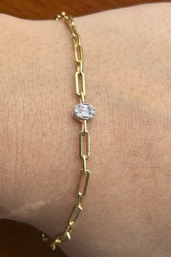Dainty Diamond Bracelet, 14K Solid Gold Tiny Baguette and Round Diamond Bracelet, Minimal Cluster Diamond Bracelet with Paperclip Chain