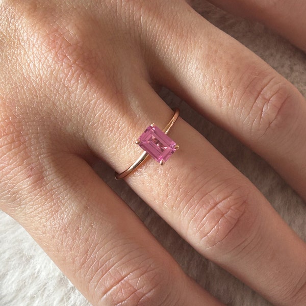 Natural Pink Sapphire Solitaire Ring, 14k Solid Gold Pink Sapphire Ring, Emerald Cut Pink Sapphire Ring, Sapphire Engagement Ring