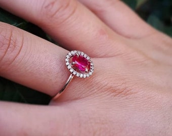 14K Solid Gold Oval Ruby and CZ Halo Ring, Ruby Cocktail Ring, Ruby Cluster Ring, 14K Ruby Ring, Sterling Silver Ruby Ring, Promise Ring