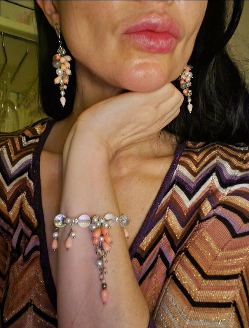 Handmade designer pink summer charm bracelet, cluster earrings, natural stones, pink coral, white pearl, gray agate, rock сrystal "Fleur"