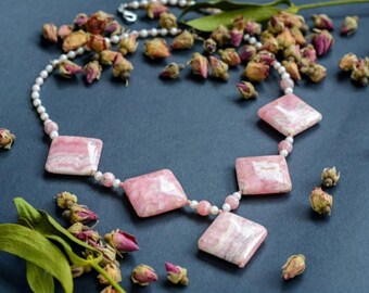 Handmade Rhodochrosite Necklace: Pink Gemstone & Pearl Statement Jewelry
