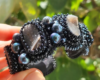Handmade Beaded Bracelet: Black Agate Geode & Pearl Statement Jewelry