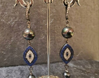 Long handmade earrings,statement,artisian jewelry pendant with Majorica pearls bright blue crystals &quot;Starry night&quot;,gift for her