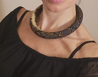 Designer collar, handmade, stylish accessory, artisian fall jewelry, beaded necklace with Japanese green statement,gift for her &quot;Snake&quot;