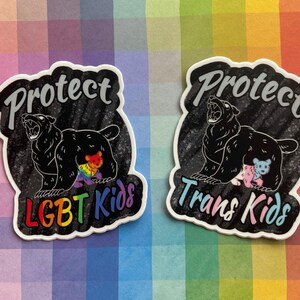 May include: Two stickers with a black bear illustration. One sticker reads "Protect LGBT Kids" with rainbow text. The other reads "Protect Trans Kids" with pastel text. Both stickers have a white border and a textured gray background.