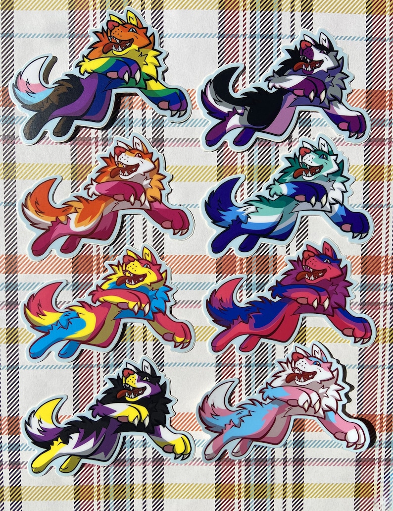 May include: Set of eight colorful wolf stickers with different pride flag designs. Each sticker features a cartoon wolf with its tongue sticking out, running with its paws in the air. The stickers are printed on white glossy paper and have a rounded rectangular shape.