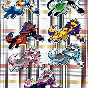 May include: Six colorful wolf stickers with different pride flags. The stickers are all in the same pose, with the wolf on the left holding the wolf on the right. The flags are: blue, green, red, pink, yellow, and blue.