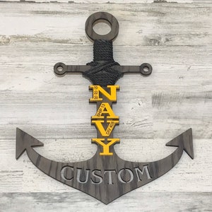 Gray Navy door anchor personalized for PIR bootcamp graduation or Navy Veteran ranks.  Navy moms use this as wall décor to honor a sailor