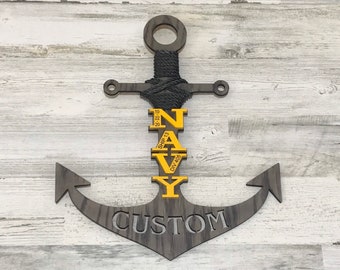 Gray Navy door anchor personalized for PIR bootcamp graduation or Navy Veteran ranks.  Navy moms use this as wall décor to honor a sailor