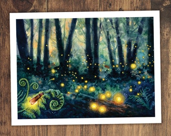 Synchronous Fireflies - Fine Art Print of Watercolor Painting - Great Smoky Mountains Decor