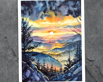 Secret Sunrise - Fine Art Print of Watercolor Painting - Blue Ridge Mountains Decor