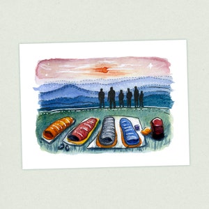 May include: A watercolor illustration of a group of people standing in front of a mountain range at sunset. They have set up five sleeping bags on the ground in front of them. The sleeping bags are in various colors, including orange, red, blue, and gray.