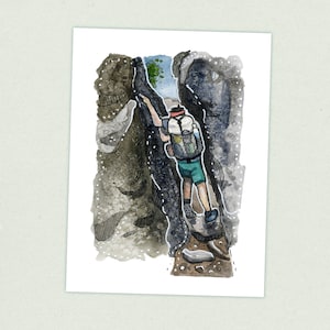 May include: A watercolor illustration of a person with a backpack hiking through a narrow, rocky passageway. The person is wearing a red hat and a green shirt. The rocks are a dark gray color.