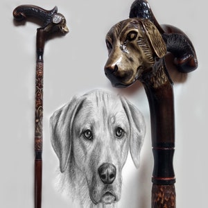 Gehstock handgefertigt aus Holz geschnitzt Retriever Hund Handgefertigter Gehstock aus Holz Gehstock Hund