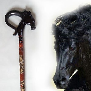 Wooden cane Horse black Carved handle and staff Wood walking stick Hand carved Hiking stick Walking canes Horse Gift for hikers Wooden Cane