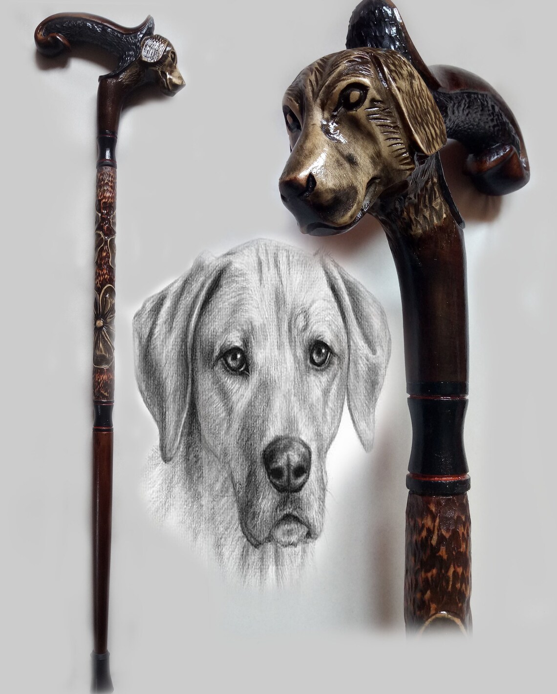 Walking stick handmade wood carved retriever dog Hand made Etsy