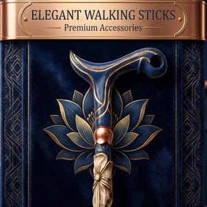 Könnte beinhalten: Ein blauer Gehstock mit geschwungenem Griff und goldenem Blumenakzent. Der Hintergrund zeigt eine blaue Lotusgrafik und eine goldene Plakette mit dem Text ELEGANT WALKING STICKS Premium Accessories. Das Design umfasst goldene Verzierungen.