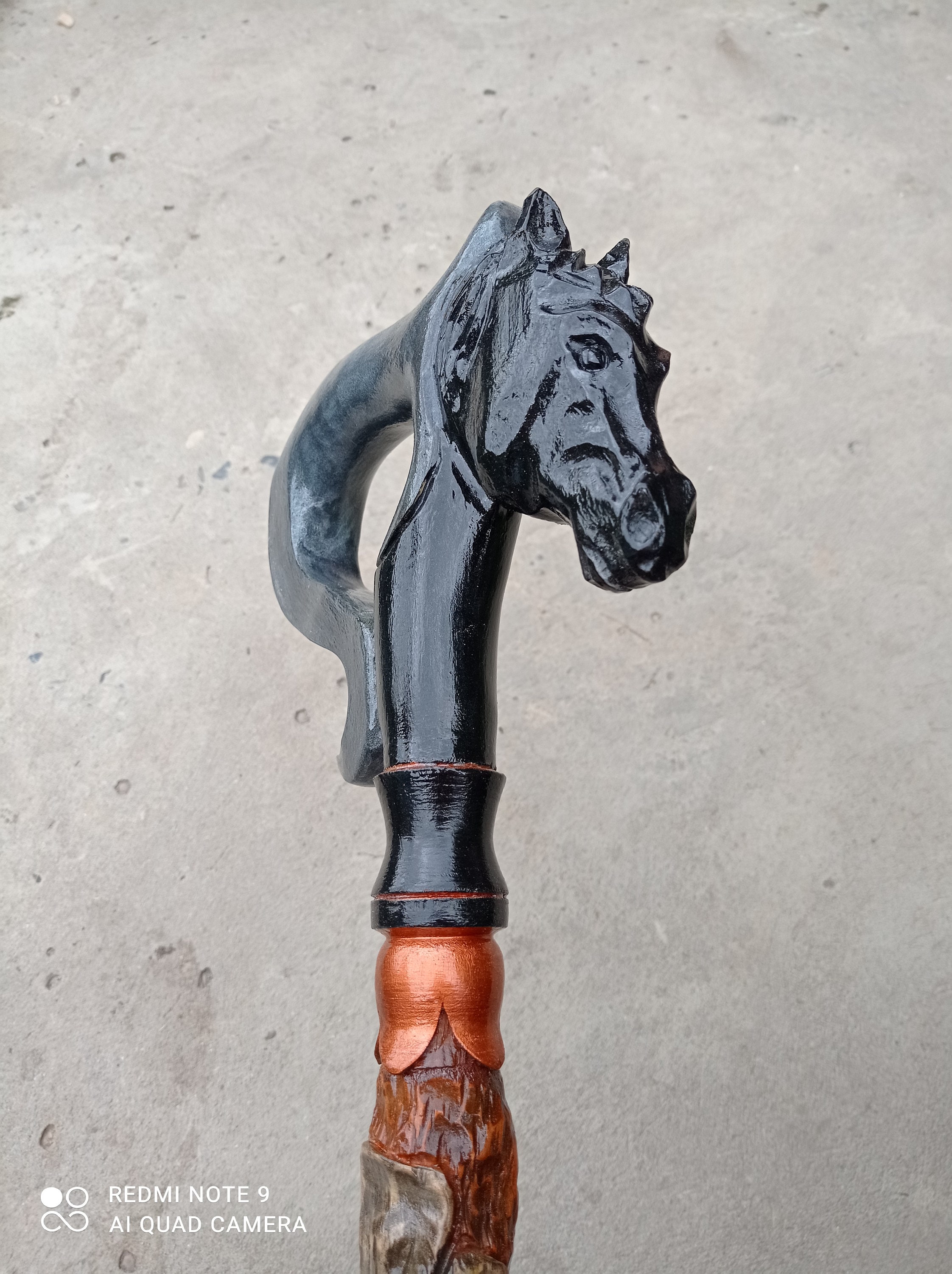 Wooden Cane Horse Black Carved Handle and Staff Wood Walking Stick