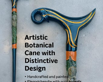Walking cane for women. Walking stick for women. Hand carved walking stick for women. Carved walking cane.color is emerald green