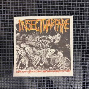 May include: A square patch with the text "INSECTWARFARE" in orange, stylized lettering. The patch features a black and white illustration of figures and creatures. The text "ENDLESS EXECUTION THRU VIOLENT REPETITION" is at the bottom.