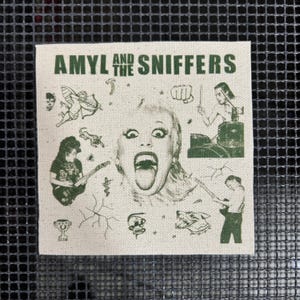 Puede incluir: Parche cuadrado con el texto "AMYL AND THE SNIFFERS" en verde. El parche presenta la cara de una mujer gritando y varias ilustraciones verdes, incluyendo un guitarrista y un perro.