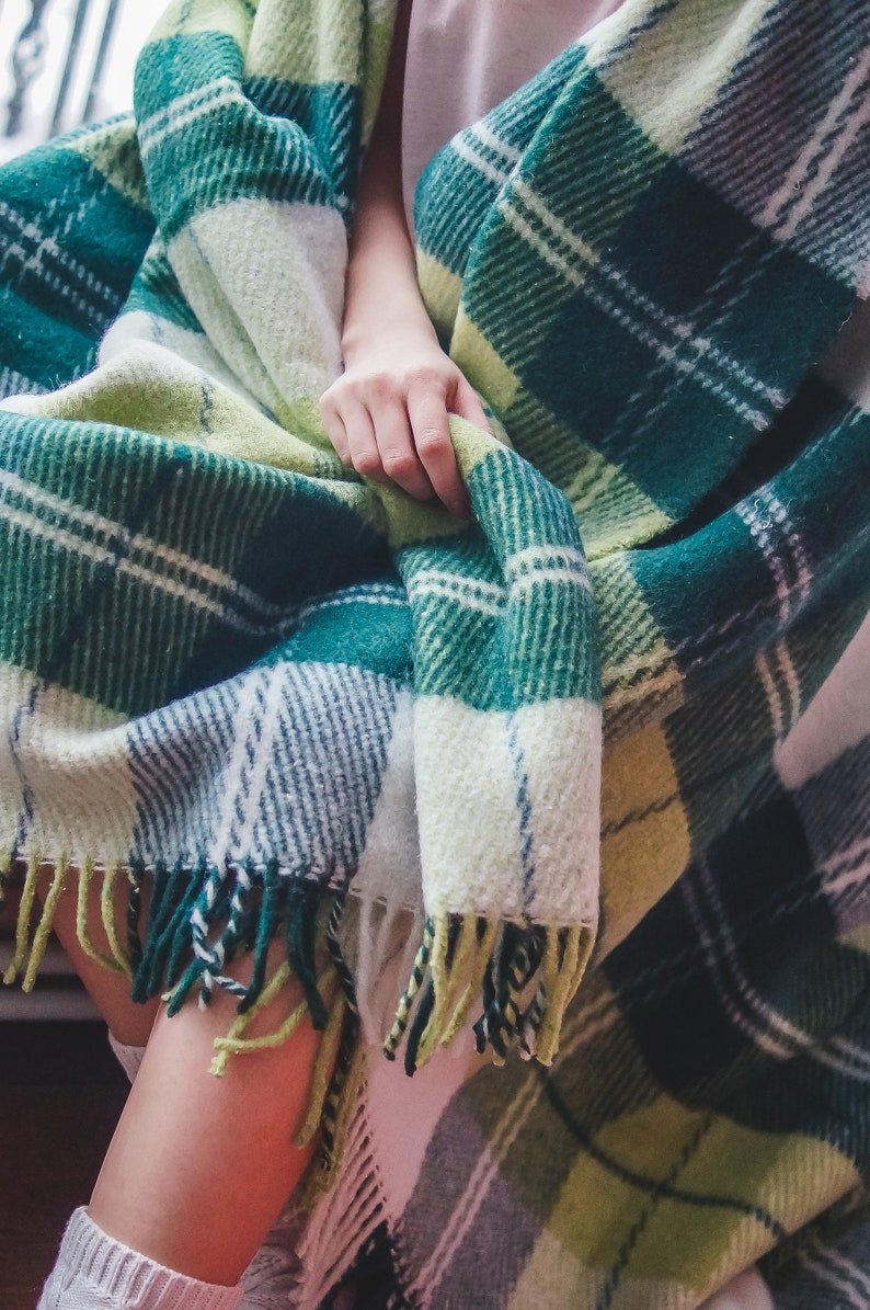 Personalized Green Throw Blanket, Checkered Wool Blanket, Comfy Blanket, Large Blanket, Wedding Gifts, Engagement Gifts, Home Decor, Plaid image 2