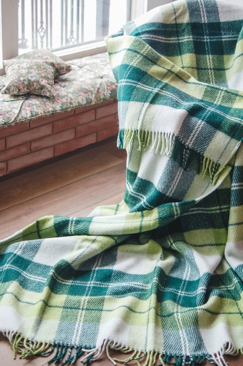 Personalized Green Throw Blanket, Checkered Wool Blanket, Comfy Blanket, Large Blanket, Wedding Gifts, Engagement Gifts, Home Decor, Plaid image 5