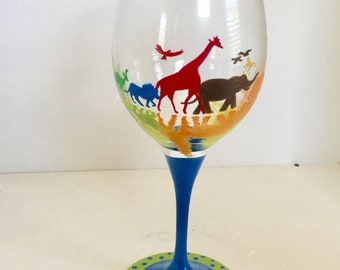 Personalized Hand Painted Parade of Animals Wine Glass