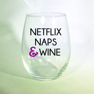 Personalized Stemless Wine Glass - Netflix, Naps & Wine Stemless Wine Glass