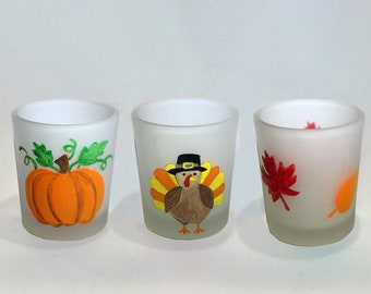 Set of 3 Hand Painted Thanksgiving Votive Candle Holders - Thanksgiving Frosted Glass Candle Holders